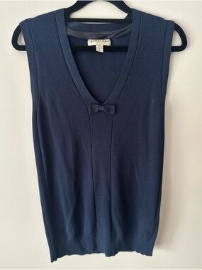 Authentic Silk Vintage Burberry Navy Sleeveless V-Neck Knit Shell With Bow